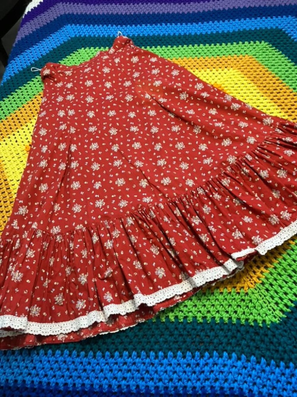 70's Vintage Red White Calico Prairie Peasant Boho Midi Skirt FLAWS